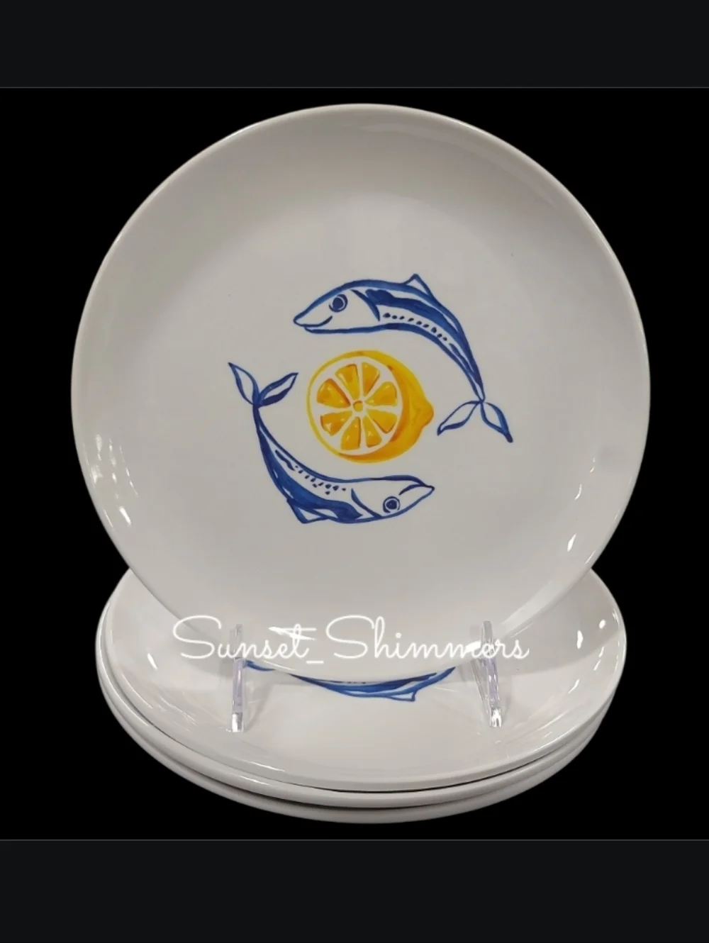 8 Tommy Bahama Sardine Lemon Blue Fish MELAMINE Dinner & Salad Plates Set New - Picture 5 of 8